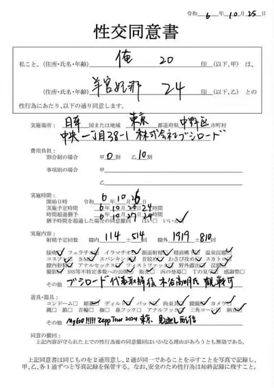 这是一份被网友恶搞填写的日文《性交同意书》，内容充满ACG玩梗与网络恶搞元素：
1. 甲方填写为“俺”20岁，乙方为BanG Dream! MyGO!!!!!中的角色羊宫妃那24岁，玩IP角色梗；
2. 实施地点填为日本东京都中野区的株式会社ブシロード（武士道公司，BanG Dream!系列的母公司）；
3. 费用为甲方0割、乙方10割，时间填写了逻辑矛盾的令和6年10月25日开始，预定到26日24时，超时猶予到27日24时，超时同意撤回选“可以”，充满无厘头恶搞；
4. 实施内容里的射精次数填了日本inm圈的经典数字梗：“膣内114±514回”“膣外1919±810回”，同时勾选了大量夸张的性行为选项；
5. 备注栏写了“ブシロード代表取締役 木谷高明氏 観戦可”（武士道代表取缔役木谷高明可观战），以及“MyGO!!!!! Zepp Tour 2024 東 見逃し配信”的字样，进一步结合BanG Dream! MyGO!!!!!的IP内容玩梗；
整体是用正经的同意书模板，结合ACG IP与网络恶臭梗创作的搞笑整活内容，仅为粉丝玩梗，无实际不良意图。