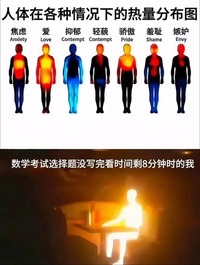 这是一张上下结构的趣味梗图，上半部分展示了七种不同情绪对应的人体热量分布热成像图，不同情绪的热量聚集区域各有区别；下半部分则调侃了数学考试时选择题还没写完、仅剩8分钟答题时间的考生状态，对应的热成像图显示整个人完全发亮，用夸张的方式表现出此时考生极度慌乱、焦虑的情绪，笑点十足。