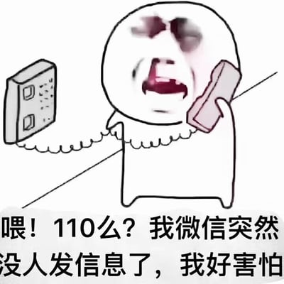 一张卡通风格的表情包，描绘了一个圆形头部的简笔画人物正在用老式电话报警。人物双眼含泪，嘴巴大张，表情极度惊恐和夸张。图片下方配有文字：'喂！110么？我微信突然没人发信息了，我好害怕'，通过夸张的方式幽默地表达了现代人对社交媒体消息的依赖和由此产生的焦虑感。