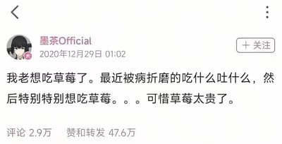 一张社交媒体帖子截图，用户'墨茶Official'在2020年12月29日凌晨1点02分发布内容，表达了生病期间特别想吃草莓但因价格昂贵而无法实现的愿望。帖子获得了2.9万条评论和47.6万次赞与转发。