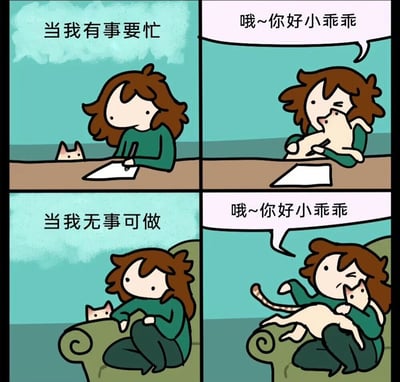 四格连环漫画描绘了女孩与猫咪的互动对比：第一格（左上）标题'当我有事要忙'，女孩坐在书桌前写字，猫咪在桌角安静观望；第二格（右上）女孩停下笔抱起猫咪，笑着说'哦~你好小乖乖'；第三格（左下）标题'当我无事可做'，女孩独自坐在沙发上，猫咪在旁边；第四格（右下）女孩热情地将猫咪搂在怀里，再次说'哦~你好小乖乖'。通过忙闲两种状态下对猫咪态度的微妙一致，展现了人与宠物间温馨又幽默的日常。