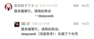 这是一张国内社交媒体评论区的静态截图，展示了两条围绕AI工具DeepSeek的趣味玩梗评论。第一条来自北京的用户“愛島館子です”发布评论，模仿DeepSeek服务器繁忙时的提示语写下“服务器繁忙，请稍后再试”并标注来源为deepseek，该评论获得40个点赞；第二条来自福建的用户“龙°”发布评论玩梗，先写出带句号的提示语“服务器繁忙，请稍后再试。”，随后模拟DeepSeek的口吻指出第一条评论“你漏了个句号”，以此调侃AI可能存在的细节较真特性，该评论获得16个点赞。两条评论通过对系统提示语的再创作，制造出轻松搞笑的效果。