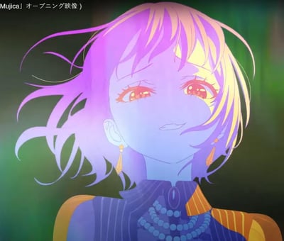 这是《BanG Dream!》系列衍生动画《Mujica》片头曲的截图，画面聚焦角色若叶睦：浅金色短发被风拂动，双眼泛红噙着泪水，神情满是悲伤与怅惘；蓝紫冷色调与暖黄光影在她脸上交织，搭配金色坠饰耳环与带有珠串装饰的服饰，整体氛围充满细腻的伤感，将角色的情绪渲染得极具感染力。
