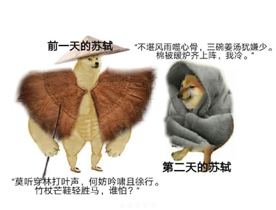 图片为左右对比的双 panel 梗图，左侧是“前一天的苏轼”：一只狗拟人化形象，头戴斗笠，身披棕色蓑衣，手持竹杖，姿态挺拔，配文“不堪风雨噬心骨，三碗姜汤犹嫌少。棉被暖炉齐上阵，我冷。”；右侧是“第二天的苏轼”：同一只狗裹在灰色毛毯中，眼神委屈带泪，配文“莫听穿林打叶声，何妨吟啸且徐行。竹杖芒鞋轻胜马，谁怕？”。通过夸张对比，幽默演绎了苏轼从怕冷到豁达的转变，化用其《定风波》中的经典诗句，形成强烈反差萌。