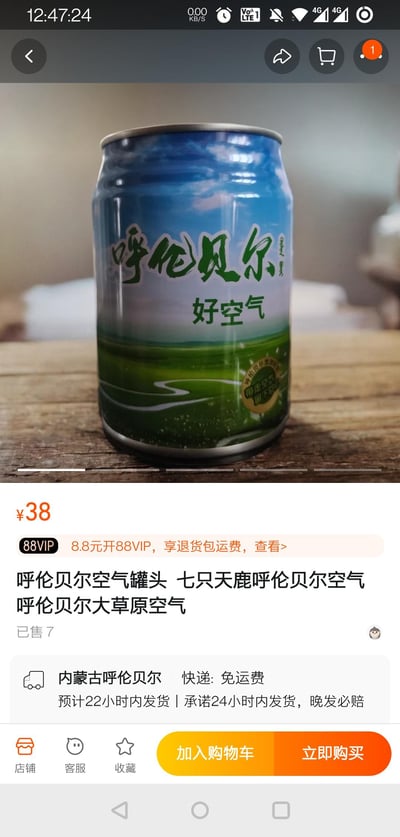 这是一张淘宝平台的商品详情页截图，展示的是售价38元的「呼伦贝尔空气罐头」：罐体采用蓝天草原的设计风格，印有「呼伦贝尔 好空气」的字样，罐身标识还有「带走空气 留下回忆」的标语。商品介绍标注为「呼伦贝尔空气罐头 七只天鹿呼伦贝尔空气 呼伦贝尔大草原空气」，目前已售7件，发货地为内蒙古呼伦贝尔，提供免运费服务，承诺24小时内发货且晚发必赔，页面还显示了88VIP的开通入口。这类商品属于特色文创产品，主打售卖呼伦贝尔纯净草原空气的概念，供消费者体验新鲜自然的空气。