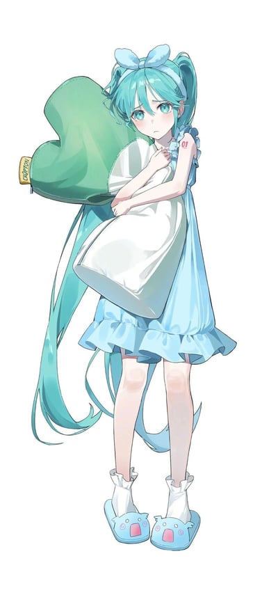 图中是VOCALOID旗下的虚拟歌手初音未来，她身着浅蓝色荷叶边睡裙，头戴同色系蝴蝶结发带，左臂上的红色"01"标识是她的标志性特征。她双手环抱着一个白色枕头，同时还抱着一个做成自己绿色长发造型的抱枕，该抱枕的拉链处印有"CRYPTON"字样。初音的眉眼低垂，脸颊带着淡红，表情委屈又不安，姿态显得柔弱无助，仿佛正处于情绪低落或者刚睡醒的状态。