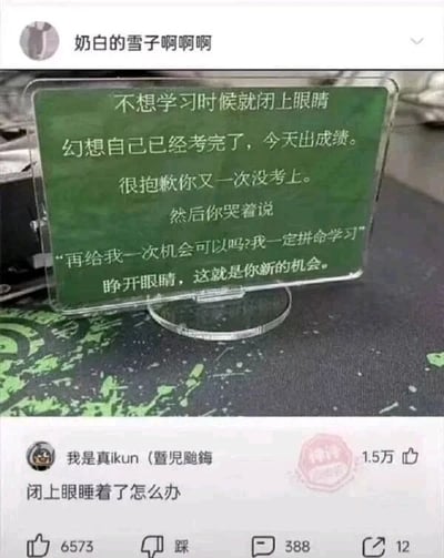 这是一张国内社交平台的用户截图，发布者为“奶白的雪子啊啊啊”，内容展示了一个绿色亚克力励志立牌，立牌上的文字通过假想考试失利后渴望重来的场景，来激励当下不想学习的自己珍惜现在的学习机会。下方的高赞评论来自用户“我是真ikun（暃兕鮟鱇）”，评论“闭上眼睡着了怎么办”用幽默的方式调侃了励志场景中可能出现的真实状况，打破了励志的严肃感，形成反差笑点，该评论获得了1.5万点赞，还有6573个点赞、388条评论和12次转发，整体内容结合了励志与搞笑，精准戳中学习者的拖延心态。