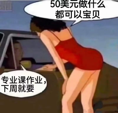 这是一张改编的卡通梗图，画面中穿红色吊带裙的女性俯身靠在汽车车窗旁，对着车内的人说出带有暗示意味的“50美元做什么都可以宝贝”，而车内的人则回应“专业课作业，下周就要”。
通过将原本带有低俗暗示的场景，替换成学生赶作业的求助内容，用强烈的反差感制造荒诞笑点，精准吐槽了当代学生面对作业ddl的窘迫与无奈。