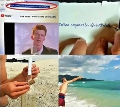 这是一组四格连环拼贴梗图，围绕经典网络恶作剧Rickroll（瑞克摇摆）展开创意延伸：第一格是YouTube平台的视频页面，展示了Rick Astley的经典歌曲《Never Gonna Give You Up》的播放网址；第二格呈现了有人用脚握笔，在白纸上写下该视频的完整网址；第三格是将写有网址的纸张塞进漂流瓶，并用软木塞封好瓶口；第四格则是一名男子在海边，将这个装有Rickroll网址的漂流瓶用力扔向大海。整个流程把经典的线上点击恶作剧，变成了可能在现实中触发的长期恶作剧，捡到漂流瓶的人如果打开网址，就会被引导到Rickroll视频，是对老梗的趣味升级。