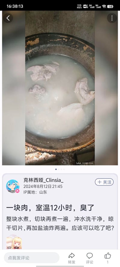 这是B站用户「克林西娅_Clinsia_」发布的一条动态，上方配图是一口旧锅中煮着几块肉，肉汤呈浑浊的奶白色；下方文案表示这块肉在室温放置12小时后变臭了，计划通过整块水煮、切块再煮、冲洗干净、晾干切片后加盐油炸两遍的流程处理，并询问这样处理后是否可以吃。内容围绕变质食材的处理与食品安全展开，没有双关、谐音梗等特殊表意内容。