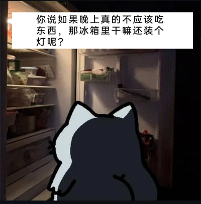 这是一张结合真实场景与卡通元素的趣味梗图，画面背景是深夜被打开的冰箱，内部存放着各类食物，冰箱门打开后亮起的灯光照亮了内部空间；前景是一只手绘的卡通黑猫，以背影姿态对着冰箱，仿佛正纠结是否要取食夜宵。图片上方配有文字：“你说如果晚上真的不应该吃东西，那冰箱里干嘛还装个灯呢？”，用一种诙谐的自我说服逻辑，精准戳中了很多人深夜嘴馋、想要为吃夜宵找合理借口的心理，充满生活趣味与幽默感。