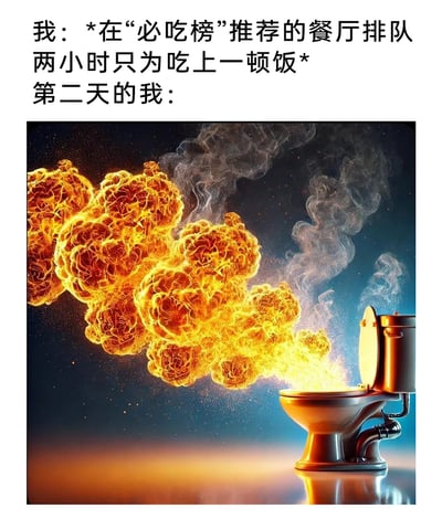 这是一张搞笑吐槽类的图文梗图，上方文字部分描述了“我”为了品尝必吃榜推荐的网红餐厅，花费两小时排队就餐的经历，随后用“第二天的我：”引出下方的AI生成图片。图片中展示了一个马桶正喷出巨大的金色火焰爆炸团，用极度夸张、荒诞的视觉效果，来调侃和放大食用网红餐厅食物后，出现肠胃剧烈不适、仿佛肠胃灼烧般的难受体验，通过前后的反差（为美食排队的期待vs事后的惨烈状况）制造搞笑效果，引发有类似经历的网友共鸣。