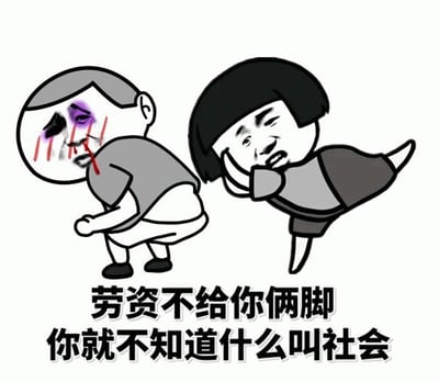 图中包含两个卡通人物，左侧人物穿着灰色上衣和白色裤子，左眼有紫色淤青和红色抓痕，面部带血，身体前倾呈痛苦状；右侧人物留黑色短发，穿灰色上衣和深色短裤，单腿抬起做出踢击动作，表情凶狠。图片底部配有文字：‘劳资不给你俩脚你就不知道什么叫社会’。整体风格为简单线条绘制的黑白卡通，局部使用紫色和红色强调受伤效果，通过夸张的动作和表情营造幽默的威胁氛围，无谐音梗或双关含义。