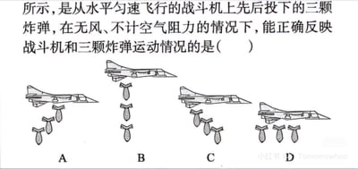 这是一道考查惯性与平抛运动知识点的物理选择题配图，题目内容为：“所示，是从水平匀速飞行的战斗机上先后投下的三颗炸弹，在无风、不计空气阻力的情况下，能正确反映战斗机和三颗炸弹运动情况的是（）”。图中包含A、B、C、D四个选项，每个选项绘制了战斗机与三颗炸弹的相对位置。根据物理原理，炸弹投下后因惯性保持水平方向与飞机相同的速度，因此三颗炸弹应在飞机正下方呈竖直排列，正确选项为B。