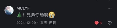 这是一张抖音平台的评论区截图，用户MCLYF于2024年12月9日在重庆发布了这条评论，内容为“🌲！兄弟你动啊😢”，搭配了流泪的表情和圣诞树表情，这条评论获得了6个点赞。从内容推测，用户应该是在针对某个视频内容（比如游戏视频里的角色未行动、视频加载卡顿，或是视频中的人物未做出期待的动作等情况）发出焦急的喊话，传递出急切、无奈的情绪。