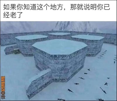 这是一张怀旧向动漫梗图，上方配文“如果你知道这个地方，那就说明你已经老了”，图中截取自动画《圣斗士星矢》北欧篇的经典场景：被积雪覆盖的仙宫石砌八角形台座建筑，画面右侧是一行正在雪地中前进的青铜圣斗士们的身影。这张图用80、90后的童年经典动画场景，以“认出就说明老了”的玩梗方式，唤起同龄人的怀旧情绪，调侃岁月流逝，引发童年回忆的共鸣。