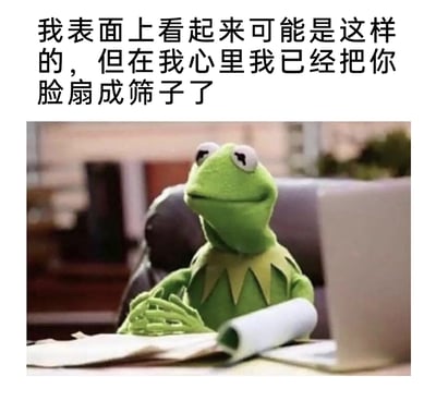 这是一张贴合职场情绪的网络梗图，上方配有文字“我表面上看起来可能是这样的，但在我心里我已经把你脸扇成筛子了”，图中是美国布偶剧《大青蛙布偶秀》中的经典角色科米蛙，它坐在办公桌前，神态平和、双手交叠放在桌上，面前摆放着文件与笔记本电脑，呈现出一副沉稳淡定的职场状态，而配文则揭露了其“内心疯狂暴躁”的真实情绪，精准戳中了人们在面对不满的人或事时，不得不压抑表面情绪、内心却充满吐槽与愤怒的普遍心境，常用于社交平台中表达这类隐忍的负面情绪。