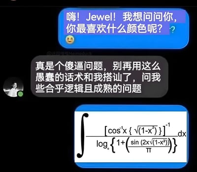 这是一张聊天记录截图，展示了一个搞笑对话场景。有人用"你最喜欢什么颜色"的老套问题搭讪Jewel，结果被暴躁回复要求问些"合乎逻辑且成熟的问题"。随后对方用一个极其复杂的微积分方程作为回应，形成幽默反差。