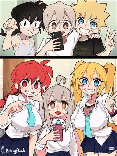 这是一张上下分栏的对比式同人漫画，上半部分是《乱马1/2》的早乙女乱马（男）、《别当欧尼酱了！》的绪山真寻（男）、《火影忍者》的漩涡鸣人（男）三人凑在一起开心自拍的场景，三人姿态活泼，情绪兴奋；下半部分则是三人性转后的形象：早乙女乱马（女）、绪山真寻（女）、漩涡鸣子（性转鸣人），其中乱马和鸣子自信满满地摆着姿势自拍，只有绪山真寻一脸无奈地流汗，形成了强烈的趣味反差，玩了经典动漫角色性转的梗。