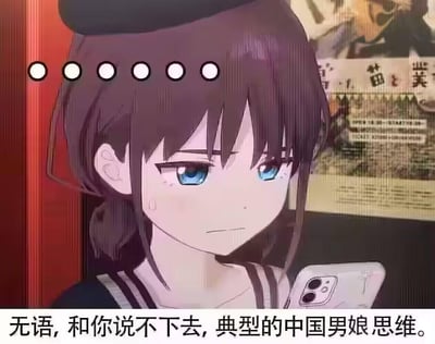 图片中是一位动漫风格的女孩，她有着棕色的长发，戴着黑色的帽子，蓝色的眼睛，表情显得无奈和困惑，正在低头看手机。背景中可以看到模糊的日文报纸或海报。图片底部有一行文字：“无语，和你说不下去，典型的中国男娘思维。” 整体表达了对沟通对象的不耐烦和无奈情绪。
