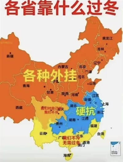 这是一张中国地图形式的搞笑梗图，标题为“各省靠什么过冬”。地图用橙色、蓝色、黄色等不同颜色划分区域，并标注了幽默的过冬方式：北方大片橙色区域标有“各种外挂”，调侃北方冬季依赖集中供暖等“保暖神器”；中部蓝色区域标注“硬抗”，暗指没有集中供暖的南方地区靠自身抵御寒冷；云南、海南等黄色区域则写着“我们不冷 无需过冬”，突出南方部分省份冬季温暖的特点。整体通过夸张的地域标签和鲜明的颜色对比，以轻松诙谐的方式展现不同地区的冬季生存状态，充满生活气息和地域调侃意味。