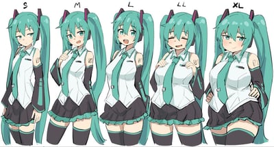 这张图将虚拟歌手初音未来设计为S、M、L、LL、XL五个不同尺码的形象，从左到右身形逐渐丰满：
- S码初音身形纤细，表情慵懒冷淡；
- M码初音是标准的初音形象，活泼开朗；
- L码初音身形变得丰满，表情元气十足；
- LL码初音更加丰腴，眯眼笑着，显得十分亲和；
- XL码初音是最丰满的版本，面带微笑，姿态自信。
这组图用服装尺码的概念玩梗，展现了同一个角色不同体型的反差萌，没有双关或谐音梗。