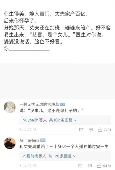 这是一张社交媒体平台上的段子互动图，上方是一个设定好的豪门分娩情景段子：美貌女主嫁入家产百亿的豪门，怀孕分娩当天丈夫加班未到场，由婆婆陪产，生下女儿后医生告知结果，婆婆因重男轻女脸色难看，内容末尾留下空白区域发起续写挑战；下方是两条高赞用户评论，第一条评论以“没事儿，这不是你儿子的”的反转内容回怼重男轻女的婆婆，第二条评论则给出“离婚获三十多亿赔偿独自生活”的爽文式结局，两条评论均获得大量点赞与回复，整体内容以搞笑反转的方式讽刺重男轻女观念，同时带来趣味互动体验。