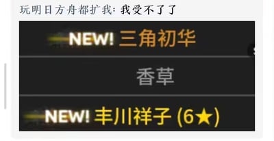 图片上方为明日方舟玩家的崩溃吐槽文字：'玩明日方舟都扩我：我受不了了'，下方展示了三个游戏干员的信息标签，分别是带有'NEW!'标识的'三角初华'、'香草'以及标有'NEW! 丰川祥子 (6★)'的六星干员。整体表达了玩家对游戏中新干员推出或抽卡体验的不满情绪。