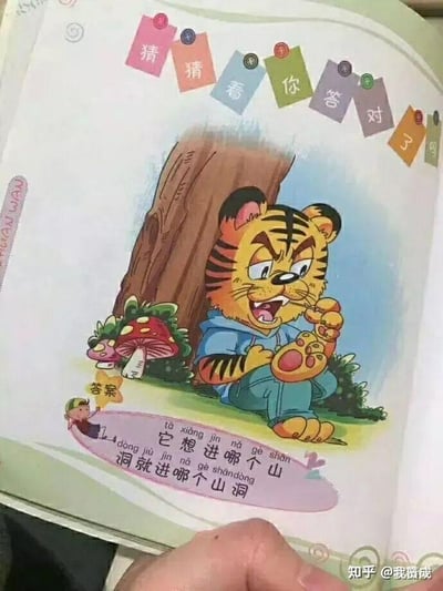 这是一张儿童绘本的页面截图，画面中央是一只穿着蓝色衣服的卡通老虎，它坐在树桩旁，表情愤怒，正在掰着自己的脚趾。老虎周围有红色蘑菇和绿色植物。页面顶部有彩色标签，上面写着“猜猜看你答对了”。老虎旁边有一个对话框，里面写着“它想进哪个山洞”。左下角有一个标注“答案”的小人指着对话框。