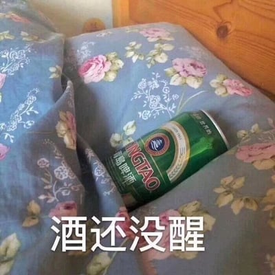 这是一张创意搞笑的静态P图，画面主体是一罐青岛啤酒被放置在带有粉色花卉图案的蓝色被窝里，如同人躺在床上睡觉一般，图片底部配有文字“酒还没醒”。图片运用拟人的手法，将啤酒罐拟人化为喝了酒还没醒酒的人，通过这种生活化的场景搭配，制造出幽默诙谐的效果，常用于在社交平台上调侃自己或他人宿醉后还没缓过劲、状态不佳的情况。