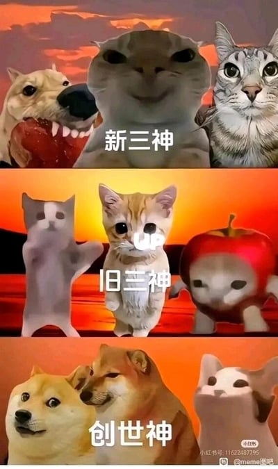 这是一张三层拼接的静态梗图，背景为橙红色晚霞，将网络上流行的动物梗图角色按照“创世神-旧三神-新三神”的辈分层级划分：
1. 新三神层：从左到右是咬着红色物体的Cheems狗、表情诡异的Mur猫、大眼睛的猫咪，代表较近期流行的梗图角色；
2. 旧三神层：从左到右是抬手的灰色Mur猫、额头标有“UP”字样的猫咪、苹果头造型的猫咪，代表中期流行的梗图角色；
3. 创世神层：从左到右是经典的Doge柴犬、歪头的Cheems、表情怪异的Mur猫，代表最早火起来的一批经典梗图角色。
整张图以趣味分级的方式调侃梗圈中不同时期梗图的热度与辈分，是梗圈爱好者对各类流行梗的趣味总结。
