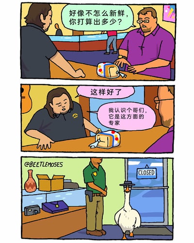 这是一则三格连环搞笑漫画，场景设定在典当行中：第一格，穿紫色衣服的典当行店员看着柜台上包装已开、看起来不新鲜的面包，询问前来典当的黑衣服男子打算出价多少；第二格，黑衣服男子淡定地表示自己认识一位这方面的专家，可以来鉴定；第三格，画面切换到店内，一只戴着墨镜和礼帽、神态酷拽的大鹅站在店内，原来男子口中的“专家”就是这只鹅，用认知反差制造出冷幽默的笑点，打破了读者对“专家”的常规预期。