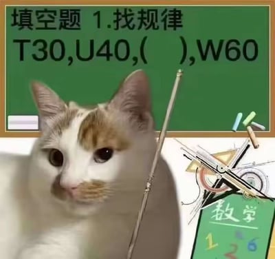 这是一张经过P图改编的图文混排静态趣味梗图，画面核心是一只表情茫然无奈的白棕相间真实猫咪，被合成手持教鞭的老师形象。背景是一块绿色黑板，上面写着一道数学找规律填空题：“填空题 1.找规律 T30,U40,( ),W60”，右下角还搭配了印有“数学”字样的书本以及圆规、三角板等数学工具元素，营造出课堂教学的氛围。这道题的答案为V50，规律是字母按照英文字母表顺序T、U、V、W依次排列，数字则以每次递增10的规律从30到60依次排列。