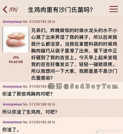 这是一张社交媒体截图，内容是类似4chan的/fit/健身板块的匿名论坛帖子。楼主以匿名身份发帖，讲述了自己的离谱经历：做饭时弄湿裤子后赤裸身体，生鸡胸肉从塑料袋滑落砸到生殖器，早上发现生殖器发炎疼痛，因此询问是否是沙门氏菌感染。下方三条匿名回复没有直接回答问题，而是层层递进地调侃楼主实际上是与生鸡胸肉发生了性行为，才导致生殖器发炎，用玩梗的方式回应了楼主的求助，整体内容荒诞搞笑。