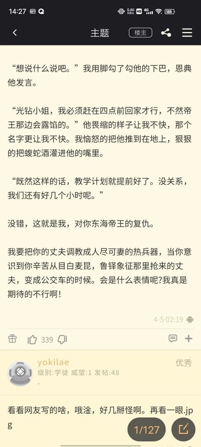 这是一张竖屏手机格式的论坛帖子截图，属于纯文字内容，是二次元IP《赛马娘 Pretty Derby》的暗黑复仇向同人创作。内容以“光钻小姐”的第一视角展开，她对东海帝王抱有强烈恨意，抓住了东海帝王的丈夫，对方因担心四点前不回家会被东海帝王发现而恳求光钻，这一态度和“东海帝王”的名字让光钻恼怒，她将对方推倒在地并灌下蝮蛇酒，决定提前“教学计划”，扬言要将对方调教成人尽可妻的样子，以此报复东海帝王，因为对方曾从目白麦昆、鲁铎象征手中抢走这名丈夫。帖子发布时间为4月5日02:19，收获339个点赞，下方是发布该截图的用户yokilae的评论，吐槽这段同人内容“很怪”。