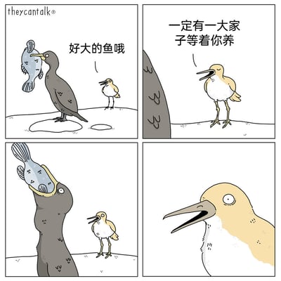 这是一幅四格连环拟人动物漫画，第一格中，一只黄白色的海鸟看到一只深色鸬鹚叼着一条体型不小的鱼，开口感叹：“好大的鱼哦”；第二格里，小海鸟继续调侃鸬鹚，说道：“一定有一大家子等着你养”；第三格中，鸬鹚仰头准备将鱼吞下，结果这条鱼是河豚，吞下后鸬鹚的脖子瞬间被河豚撑得鼓胀起来，眼睛也瞪大，露出错愕的神情，小海鸟在一旁看到这一幕，表情变得惊讶；第四格是小海鸟的特写，它眼睛圆睁，嘴巴大张，满脸都是震惊的神情。漫画利用河豚会膨胀的特性制造反转笑点，将原本普通的“大鱼”情节变成了乌龙事件，充满趣味。