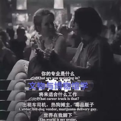 这是一张黑白色调的影视截图梗图，画面中两人正在对话，字幕以中英双语展示。画面下方被加上了醒目的紫色字样“文物与博物馆学”。对话内容以调侃语气列举了“出租车司机、热狗摊主、毒品贩子”为该专业未来适合的职业，最后还自信地说“世界在我脚下”，形成明显反差，带有幽默、夸张自嘲的氛围。

**谐音/双关**：并无明显谐音，但“文物与博物馆学”与列举的职业之间形成了强烈的职业落差反差梗，明显讽刺和自嘲意味。
