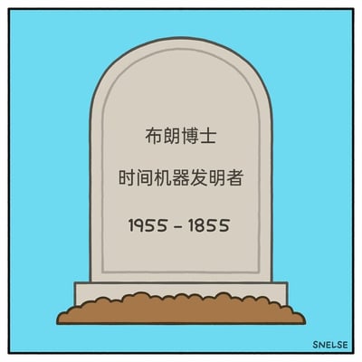 这是一幅卡通风格的静态漫画图，画面主体是一块立在棕色泥土中的拱形墓碑，背景为浅蓝色。墓碑上刻有三行文字，分别是“布朗博士”、“时间机器发明者”以及“1955 - 1855”。其中生卒年份呈现出死亡年份早于出生年份的反常状态，结合布朗博士作为时间机器发明者的身份，形成了一个巧妙的冷笑话：暗示他通过自己发明的时间机器回到了过去，并最终在1855年离世，因此墓碑上的年份顺序颠倒。图片右下角带有创作者标识“SNELSE”。
