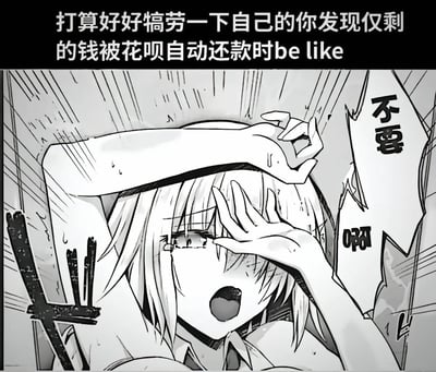 这是一张黑白动漫风格的二次创作梗图，上方配文「打算好好犒劳一下自己的你发现仅剩的钱被花呗自动还款时be like」，图中《东方Project》的角色八云紫双手捂脸，脸上挂着汗水，眼神满是崩溃，旁边的对白气泡写着「不要」，精准还原了人们原本计划用仅存的钱犒劳自己，却发现余额被花呗自动还款扣空时，那种绝望、崩溃又无奈的心情，戳中了很多使用花呗用户的日常痛点，极具共鸣感。
