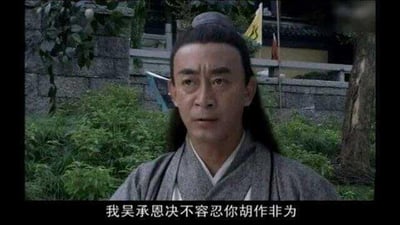 这是一张电视剧《吴承恩与西游记》的剧照截图，画面中演员饰演的吴承恩身着古装，眉头微皱、神情严肃，正厉声说出「我吴承恩决不容忍你胡作非为」的台词，背景是带有绿植与古建筑的户外场景，整体氛围义正辞严，传递出对不良行为的强烈斥责态度。