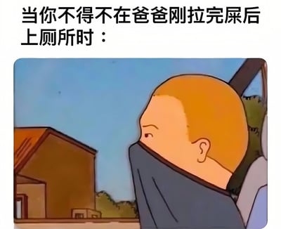 图片上方配有文字'当你不得不在爸爸刚拉完屎后上厕所时：'，下方是一个卡通人物的截图。图中人物有着黄色的光头，正用深色衣物捂住口鼻，面部表情显得十分无奈和嫌弃，背景是简单的蓝天和建筑物。整体通过幽默的方式展现了家庭生活中遇到的尴尬场景，引发共鸣。