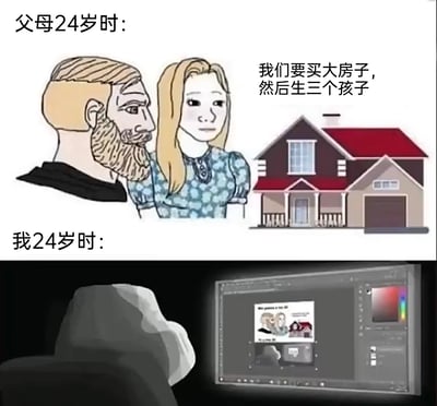 这张图通过上下对比的形式展现了代际之间的生活差异：上半部分是父母24岁时的状态，一对卡通形象的夫妻满怀憧憬，规划着买大房子、生三个孩子的人生，画面搭配大房子的插画，充满对未来的期待；下半部分是“我”24岁时的状态，以背影呈现的“我”正坐在电脑前，使用PS软件制作上半部分的那幅插画，形成强烈的反差，调侃了当代年轻人在相同年龄面临的生活压力与上一辈截然不同的生活目标，凸显出时代变化下年轻人的生存处境。