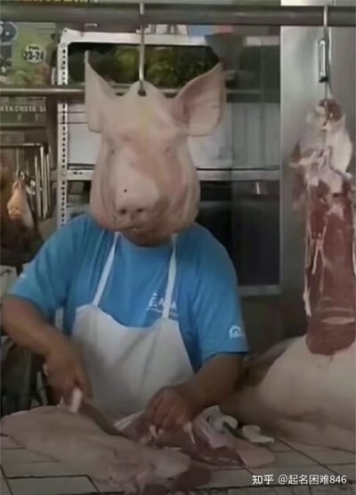 这是一张充满荒诞趣味的视觉错位图，在肉摊场景里，一位穿着蓝色T恤、白色围裙的屠夫正在切肉，一个被悬挂的猪头恰好和屠夫的头部位置重合，形成了“屠夫长着猪头”的搞笑错觉，画面违和又滑稽，通过巧合的视觉错位制造出喜剧效果，没有双关或谐音梗，仅靠视觉错觉带来笑点。