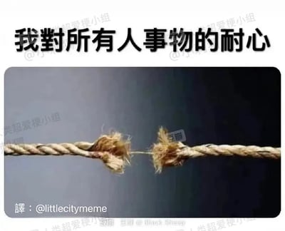 图片上方有黑色加粗文字“我对所有人事物的耐心”，下方是一张特写照片：一根粗麻绳正处于断裂边缘，两端仅靠几根纤细的纤维勉强连接，整体呈现出即将彻底断开的状态。图片通过断裂的绳子形象地比喻耐心已消耗殆尽，处于崩溃边缘的状态。