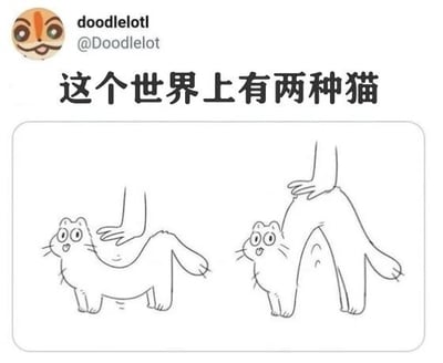 这是一张来自社交平台X（原推特）的截图，属于左右对比的线稿类静态涂鸦图。图上方配有文字“这个世界上有两种猫”，通过左右两个画面的对比，用夸张的拟人化手法展现猫咪的两种状态：左侧的猫被手抚摸背部，身体保持正常的猫咪形态，表情惊讶；右侧的猫被手按住后颈，身体被拉伸变形，看起来像是长出了人的双腿，以此调侃猫咪在被按后颈时会变得僵硬、容易被控制的特点，用荒诞的变形制造搞笑效果。
