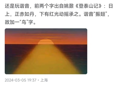 这是2024年3月5日发布于上海的社交媒体内容，上方文字分享了一个从古典文学玩谐音造词的创意：取自姚鼐《登泰山记》中描写日出的句子“日上，正赤如丹，下有红光动摇承之”，提取“承赤”谐音“振翅”，再添加“鸟”字组成新名称；下方搭配一张海上日出图，金色日光在深色海面上铺出明亮光带，画面静谧柔和。
谐音梗说明：以《登泰山记》里的“承赤”谐音“振翅”，以此为基础进行造词创作。