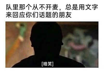 这是一张贴合多人联机游戏社交场景的搞笑梗图，图上方配有文字“队里那个从不开麦，总是用文字来回应你们话题的朋友”，精准定位了游戏组队时一类常见的队友形象；图中主体是一个背对镜头的人物黑色剪影，面部完全被阴影遮挡，无法看清具体样貌，剪影下方标注了“[暗笑]”的文字。整张图通过模糊的剪影和贴合状态的文字，生动还原了那些在游戏组队交流中，不愿开启语音，仅靠文字参与话题讨论，却在屏幕前默默暗笑、暗中“吃瓜”的玩家状态，能够让有过类似游戏组队经历的用户产生强烈共鸣，充满诙谐调侃的意味。