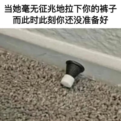 图片上方配有文字“当她毫无征兆地拉下你的裤子 而此时此刻你还没准备好”，下方是一张实拍图，展示了一个黑色带白色底座的物体（疑似马桶搋子）倒在灰色地毯上，靠近墙边。文字营造了一种尴尬突发的情景，与下方物体的错位展示形成幽默对比，整体风格轻松搞笑，用于调侃意外发生的尴尬瞬间。
