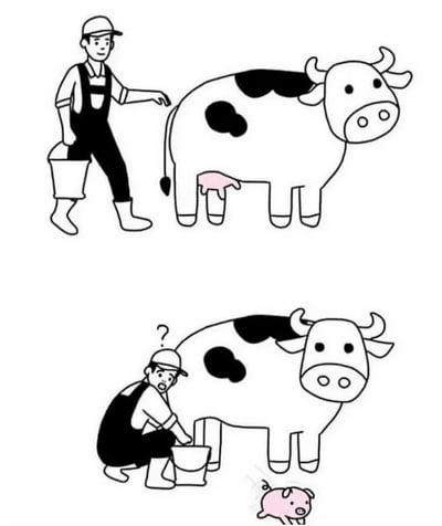 这是一张上下两格拼接的冷幽默梗图，玩的是中文词汇“乳猪”的字面化拆解脑洞：上图中，穿着工装背带裤、戴着帽子的农民提着挤奶桶走向花奶牛，奶牛的粉色乳房正在流奶，农民准备挤奶；下图中，农民蹲在奶牛身下准备挤奶时，疑惑地发现奶牛的乳房不见了，一头粉色小猪带着原本属于奶牛的乳房出现在奶牛下方。“乳猪”本是指供食用的幼猪，这里将“乳”字面解读为乳房/乳汁，创作出了“带着乳的猪”也就是字面意义上的乳猪，属于脑洞冷笑话。