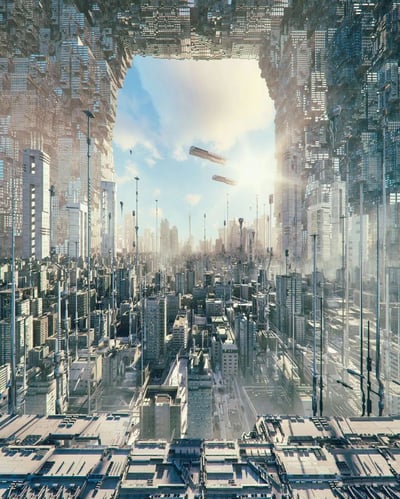 这是一幅极具未来感的赛博朋克风格城市景观图。画面呈现出惊人的对称结构，密集的摩天大楼从上下两个方向延伸，形成一个巨大的方形通道，通向明亮的天空。建筑物呈现出金属质感和玻璃幕墙的组合，细节丰富，充满科技感。天空中有两艘悬浮的飞行器正在穿行，阳光从通道尽头照射进来，形成强烈的光影对比。整个场景营造出一种宏伟、震撼且略带超现实的氛围，展现了人们对未来都市的想象。
